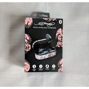 Ed Hardy Wireless Bluetooth Earbuds with Pink Tattoo Print Charging Case NEW!